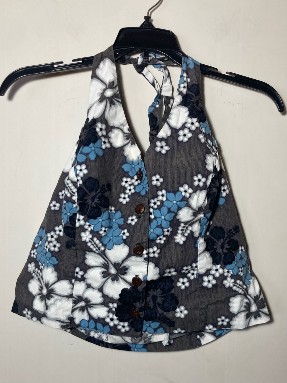 Hilo Hattie Floral Halter Top Front Buttons Back Elasticized Size Medium